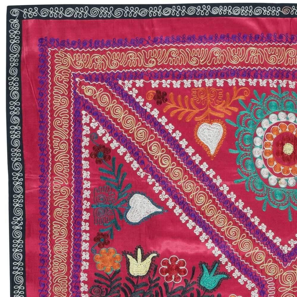 Embroidered Silk & Cotton Wall Hanging. Red Bed Cover. Modern Tablecloth. Colorful Sofa Throw