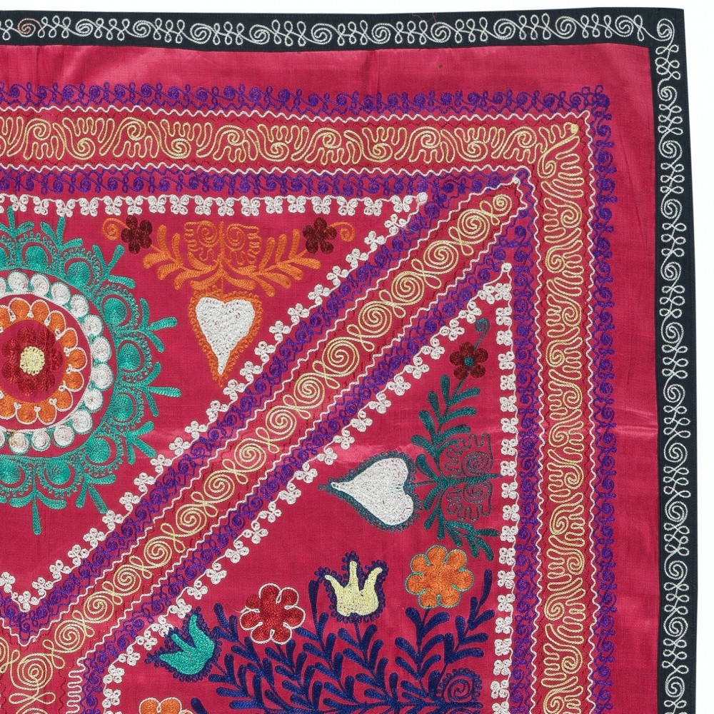 Embroidered Silk & Cotton Wall Hanging. Red Bed Cover. Modern Tablecloth. Colorful Sofa Throw
