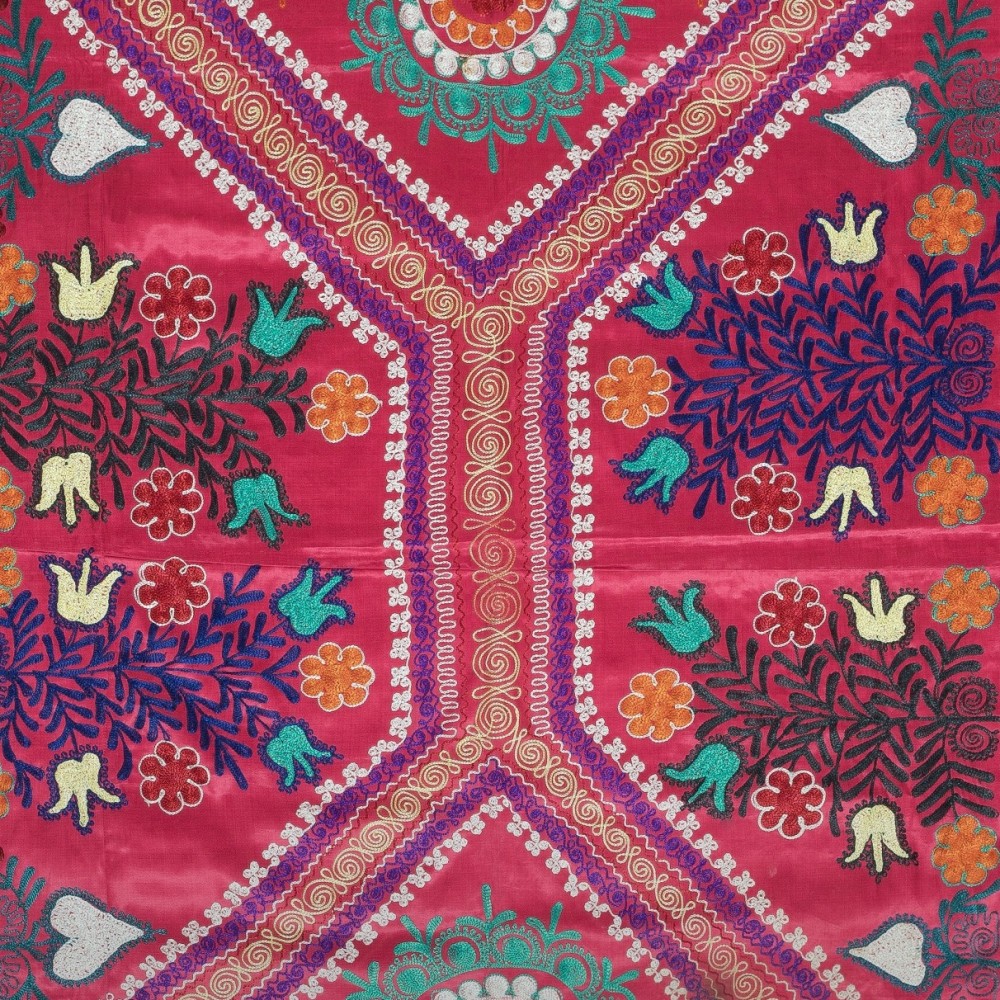 Embroidered Silk & Cotton Wall Hanging. Red Bed Cover. Modern Tablecloth. Colorful Sofa Throw
