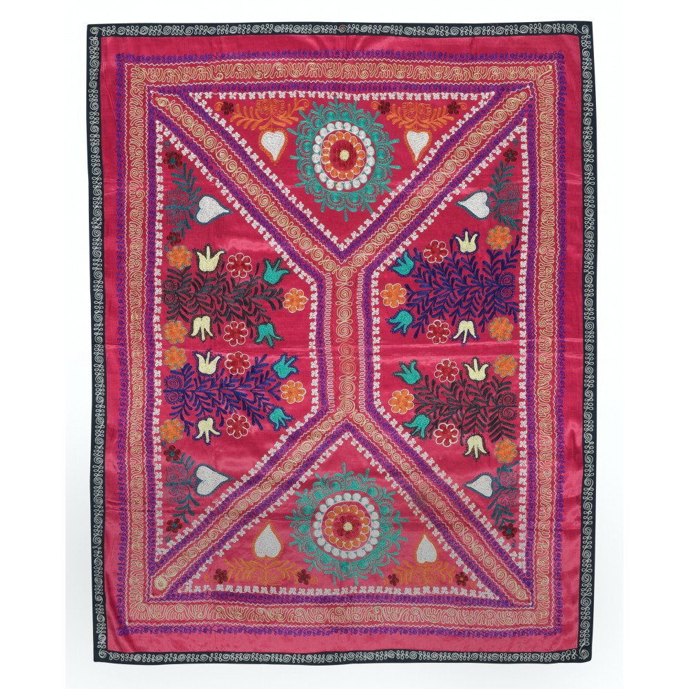 Embroidered Silk & Cotton Wall Hanging. Red Bed Cover. Modern Tablecloth. Colorful Sofa Throw