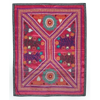 Embroidered Silk & Cotton Wall Hanging. Red Bed Cover. Modern Tablecloth. Colorful Sofa Throw