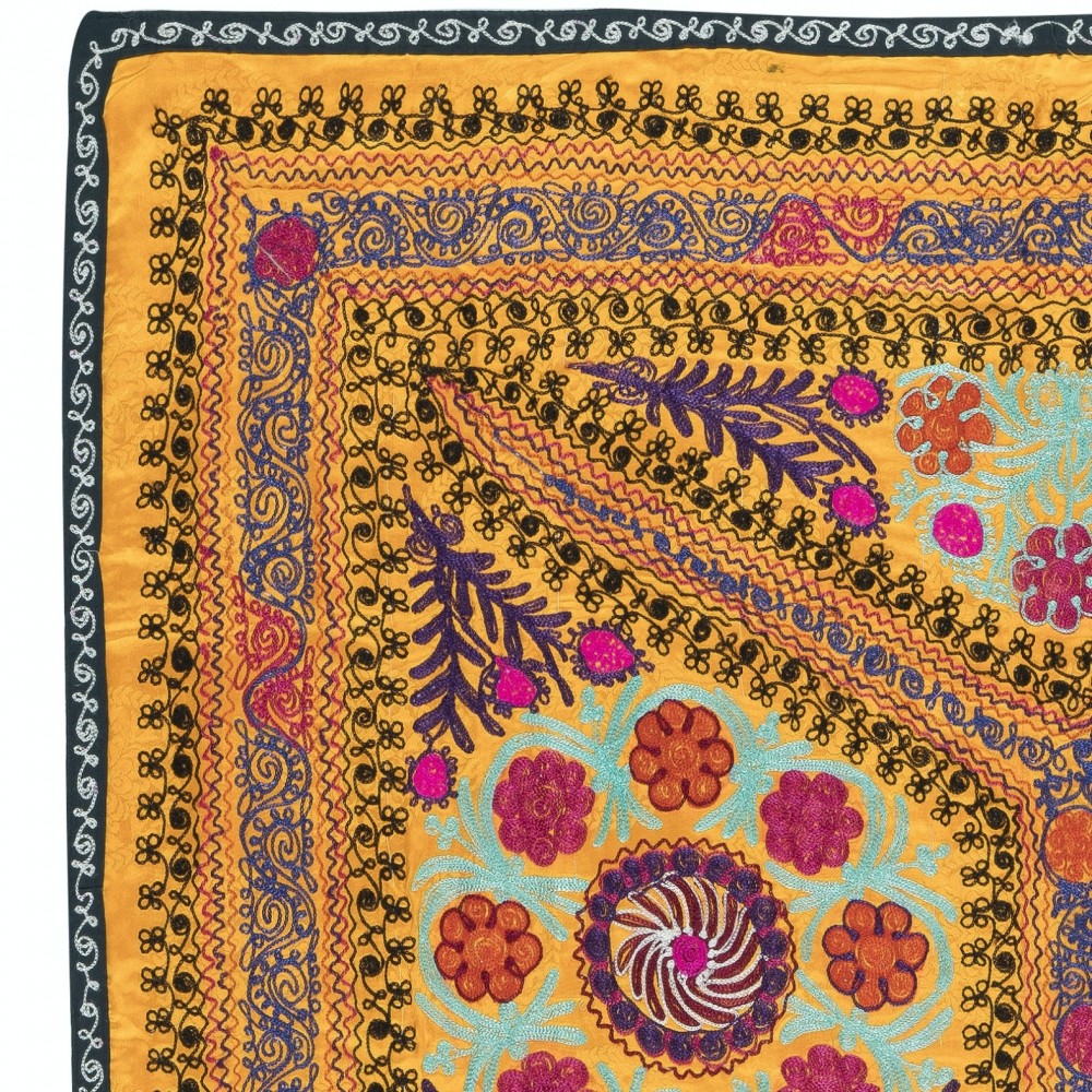 Embroidered Silk & Cotton Wall Hanging. Yellow Bed Cover. Modern Tablecloth. New Sofa Spread. Colorful Throw