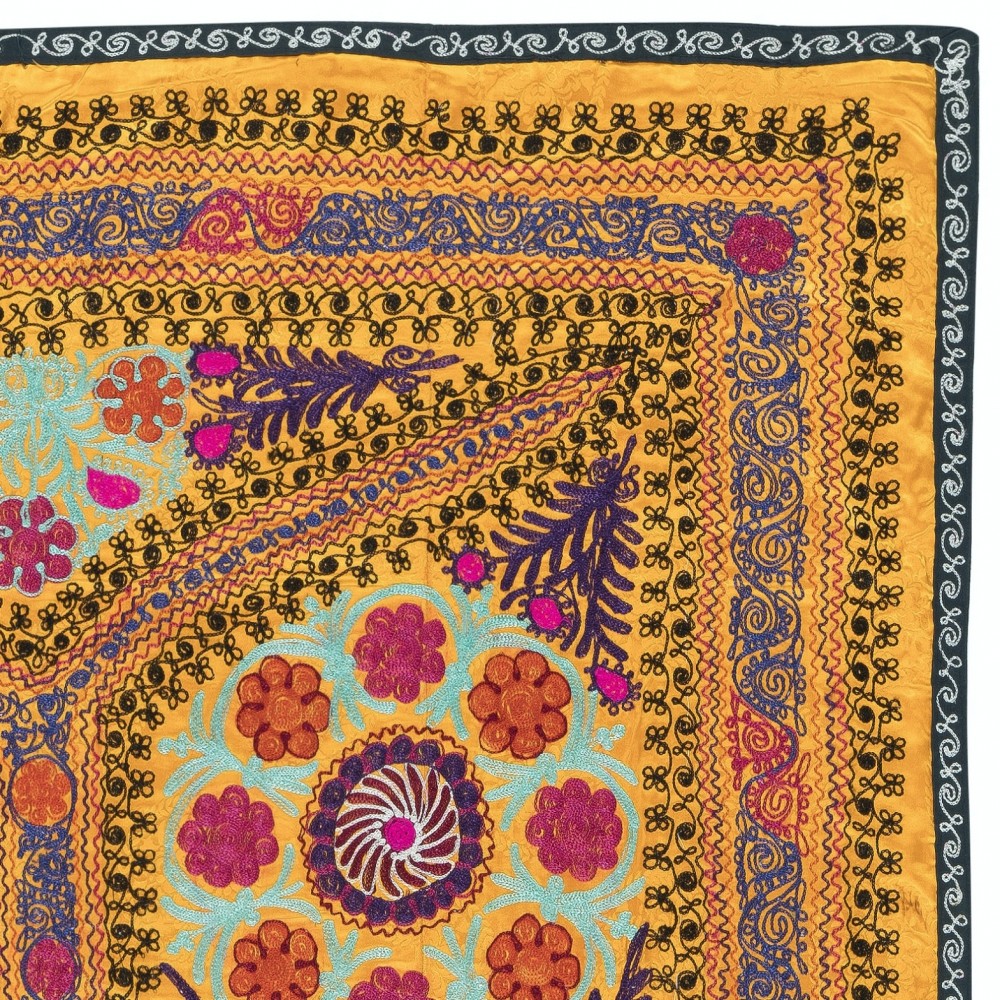 Embroidered Silk & Cotton Wall Hanging. Yellow Bed Cover. Modern Tablecloth. New Sofa Spread. Colorful Throw