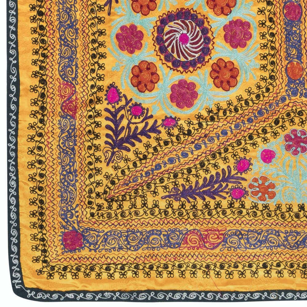 Embroidered Silk & Cotton Wall Hanging. Yellow Bed Cover. Modern Tablecloth. New Sofa Spread. Colorful Throw