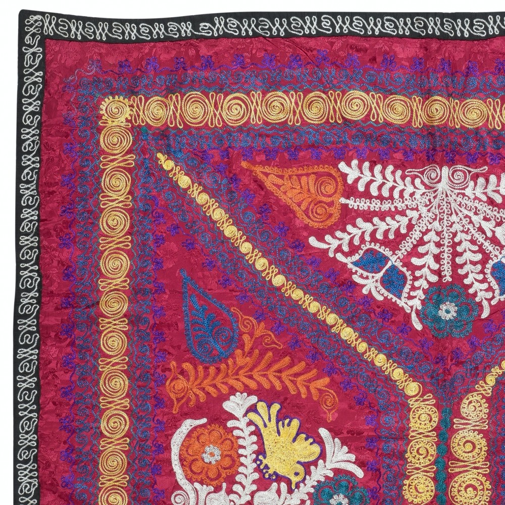 Embroidered Silk & Cotton Wall Hanging. Red Bed Cover. Modern Tablecloth. New Sofa Spread. Colorful Throw