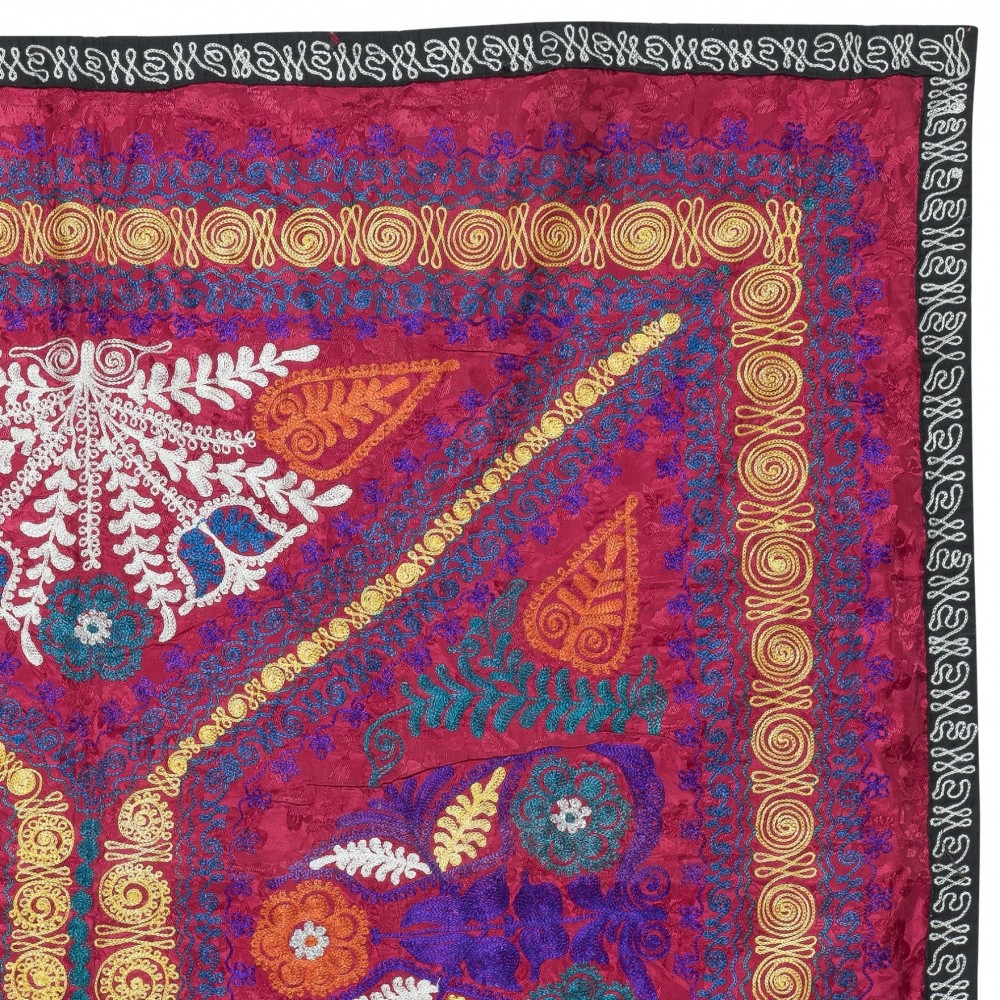 Embroidered Silk & Cotton Wall Hanging. Red Bed Cover. Modern Tablecloth. New Sofa Spread. Colorful Throw