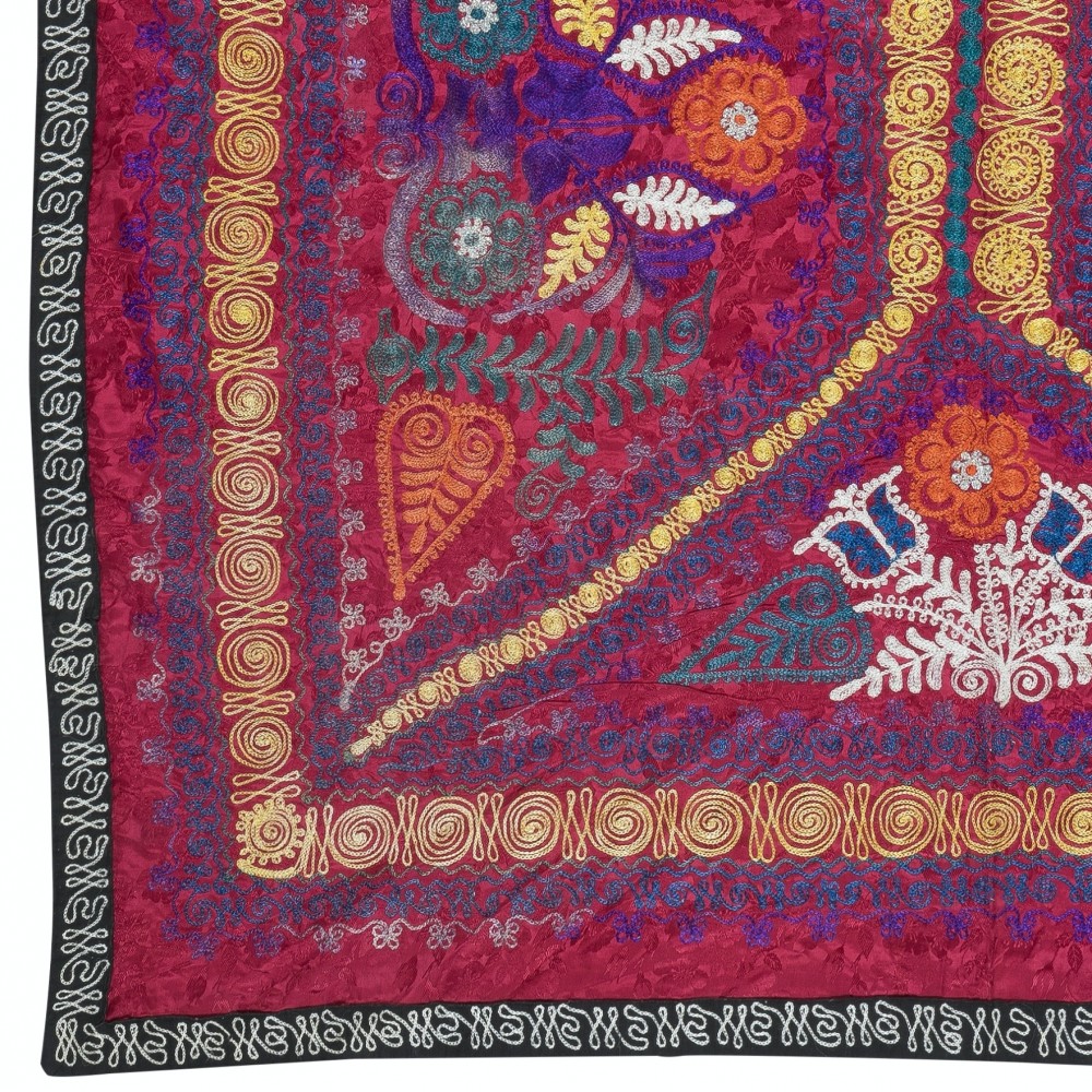Embroidered Silk & Cotton Wall Hanging. Red Bed Cover. Modern Tablecloth. New Sofa Spread. Colorful Throw
