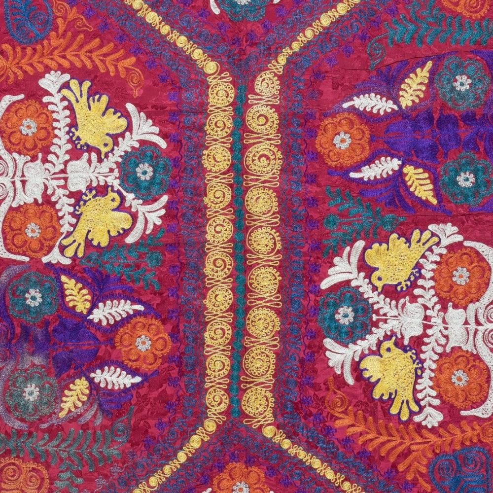 Embroidered Silk & Cotton Wall Hanging. Red Bed Cover. Modern Tablecloth. New Sofa Spread. Colorful Throw