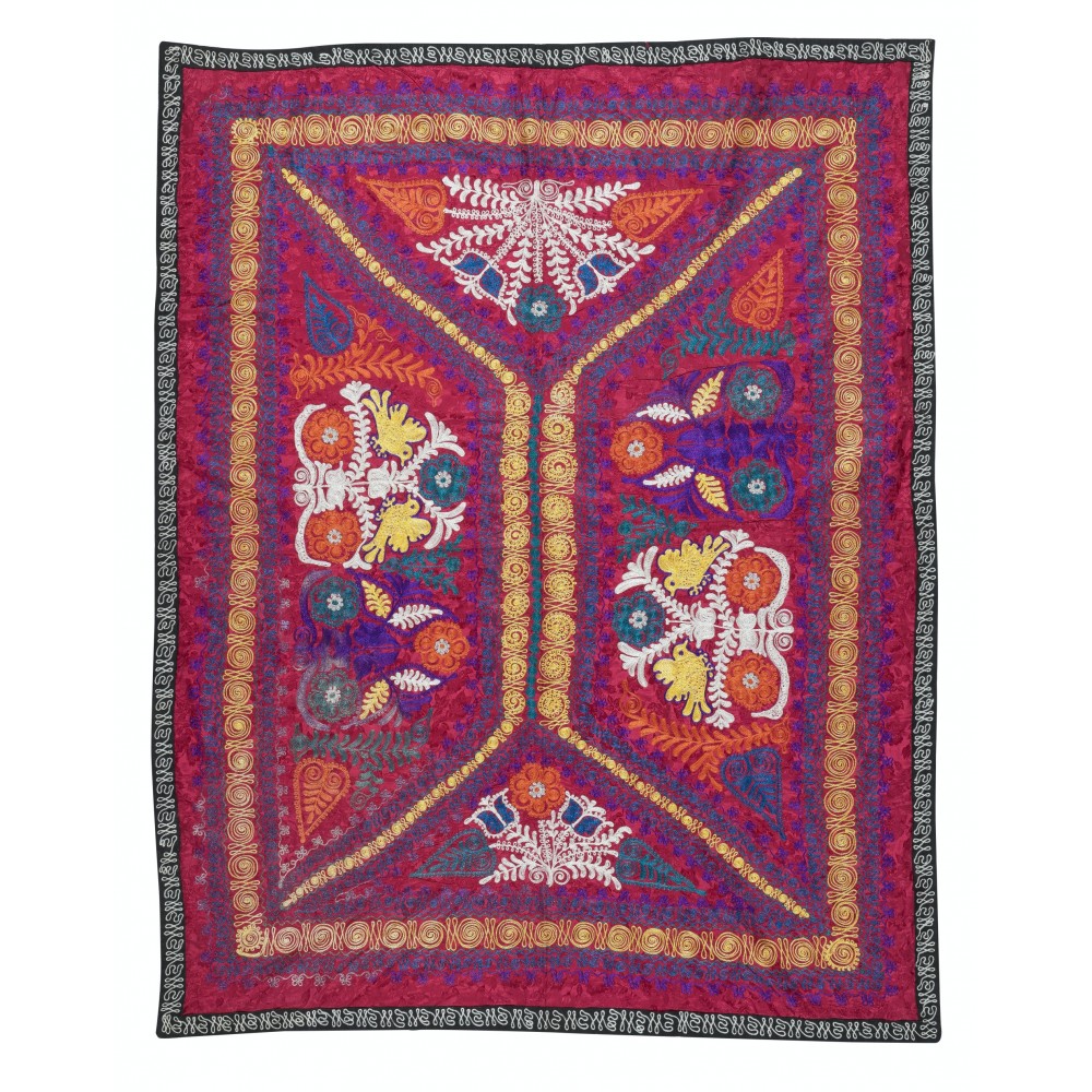 Embroidered Silk & Cotton Wall Hanging. Red Bed Cover. Modern Tablecloth. New Sofa Spread. Colorful Throw