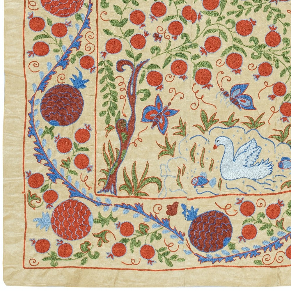 100% Silk Wall Hanging. Embroidered Table Cover. Pomegranate Tree Design Bedspread. Modern Throw