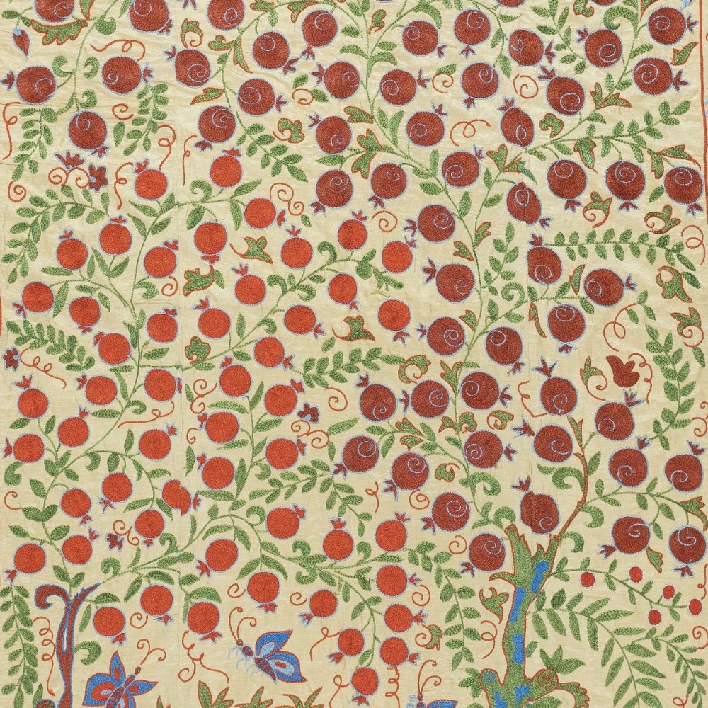 100% Silk Wall Hanging. Embroidered Table Cover. Pomegranate Tree Design Bedspread. Modern Throw