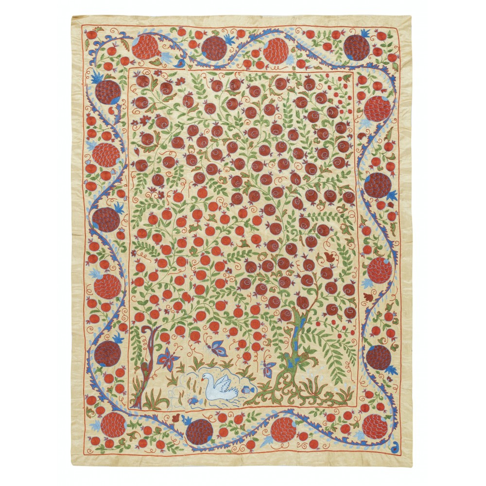 100% Silk Wall Hanging. Embroidered Table Cover. Pomegranate Tree Design Bedspread. Modern Throw