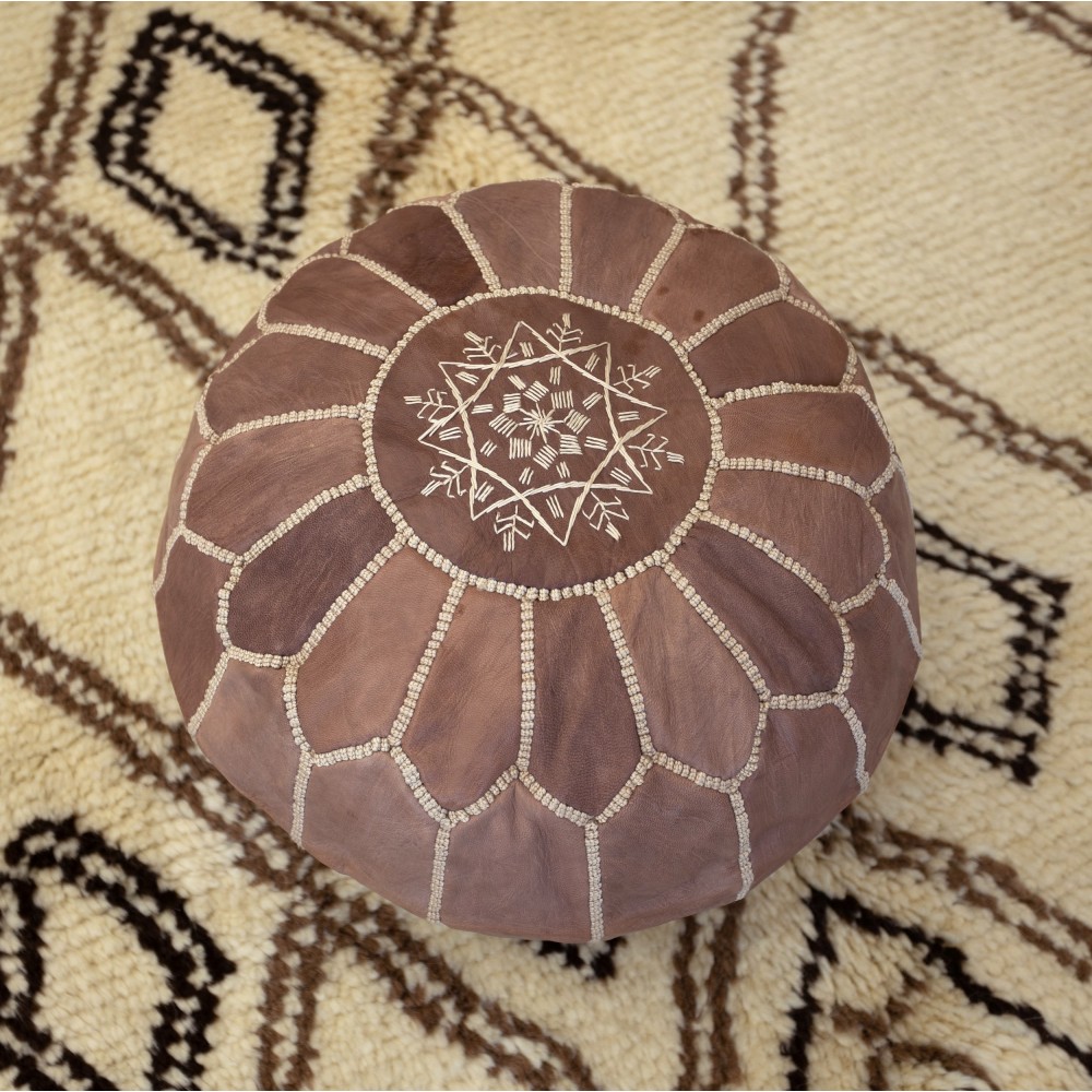 Hand-Tooled Brown Round Geniune Leather Pouf. UNSTUFFED. Custom Option Available