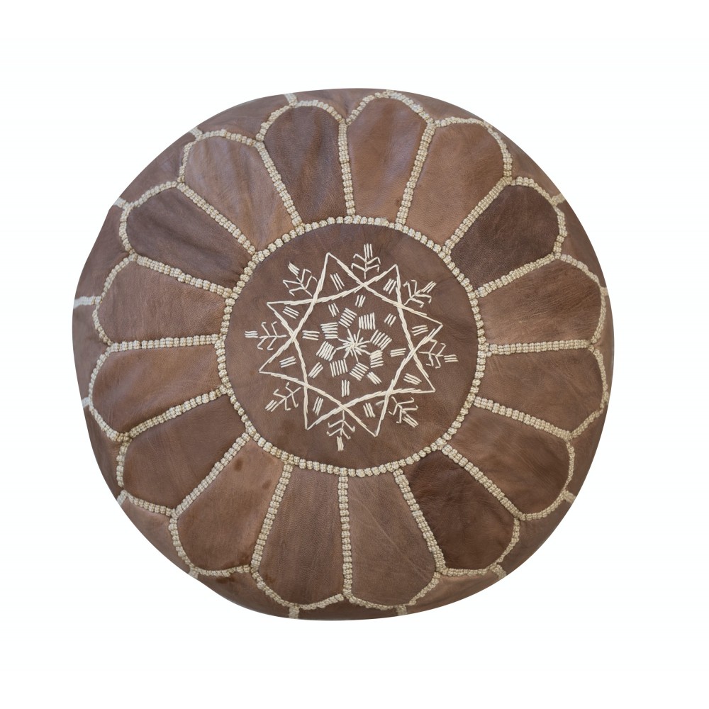 Hand-Tooled Brown Round Geniune Leather Pouf. UNSTUFFED. Custom Option Available