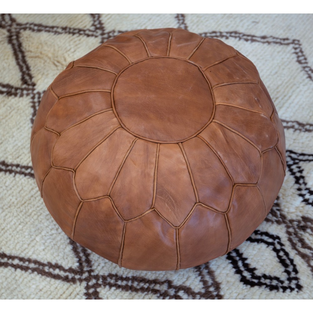 Hand-Tooled Brown Round Geniune Leather Pouf. UNSTUFFED. Custom Option Available