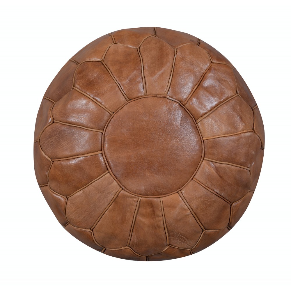 Hand-Tooled Brown Round Geniune Leather Pouf. UNSTUFFED. Custom Option Available