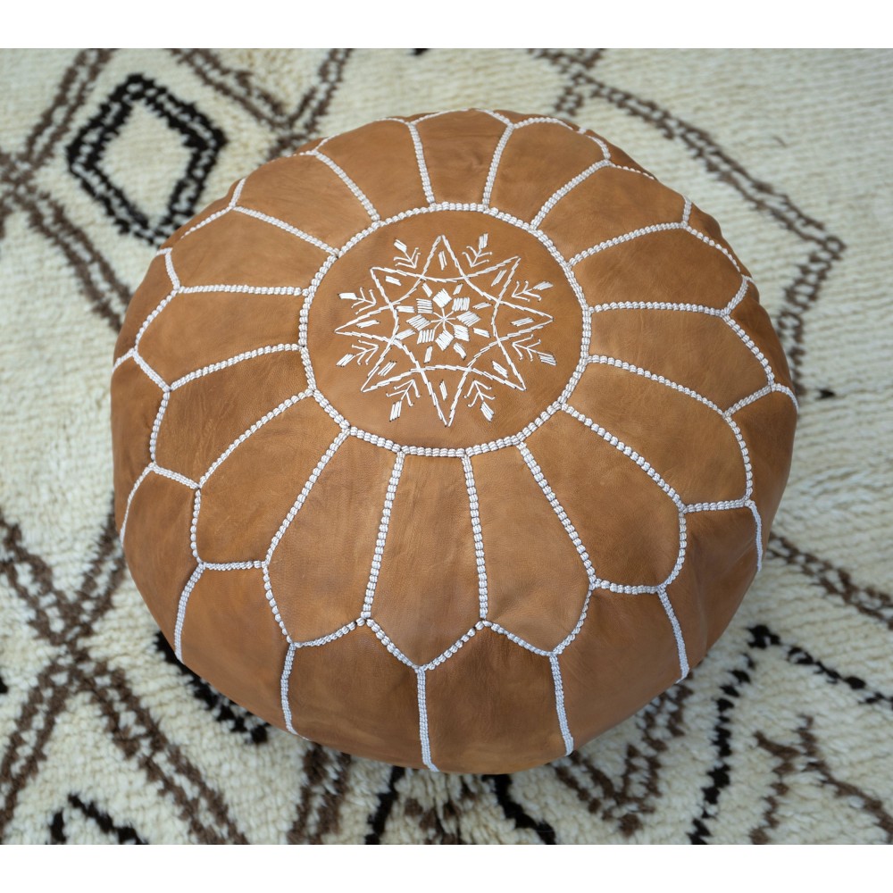 Brown Round Geniune Leather Pouf Cover. UNSTUFFED. Hand-Tooled Footstool. Custom Option Available