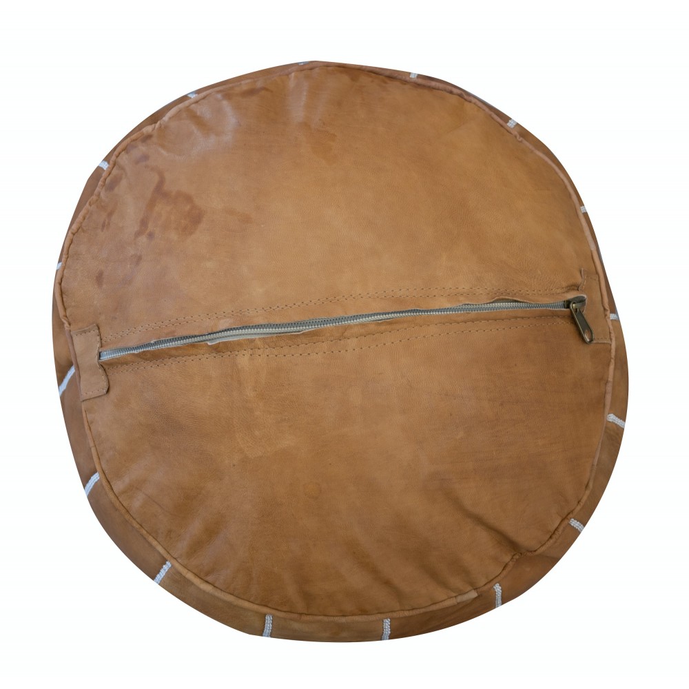 Brown Round Geniune Leather Pouf Cover. UNSTUFFED. Hand-Tooled Footstool. Custom Option Available