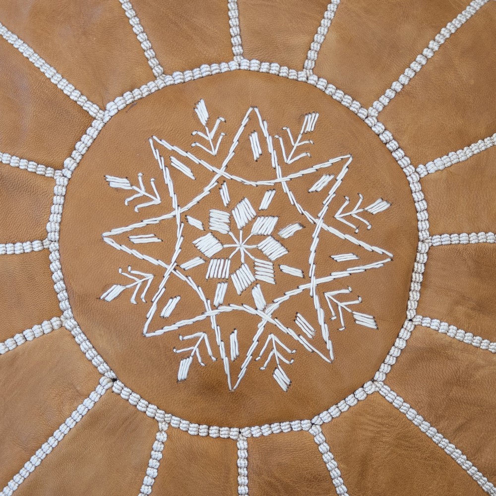 Brown Round Geniune Leather Pouf Cover. UNSTUFFED. Hand-Tooled Footstool. Custom Option Available