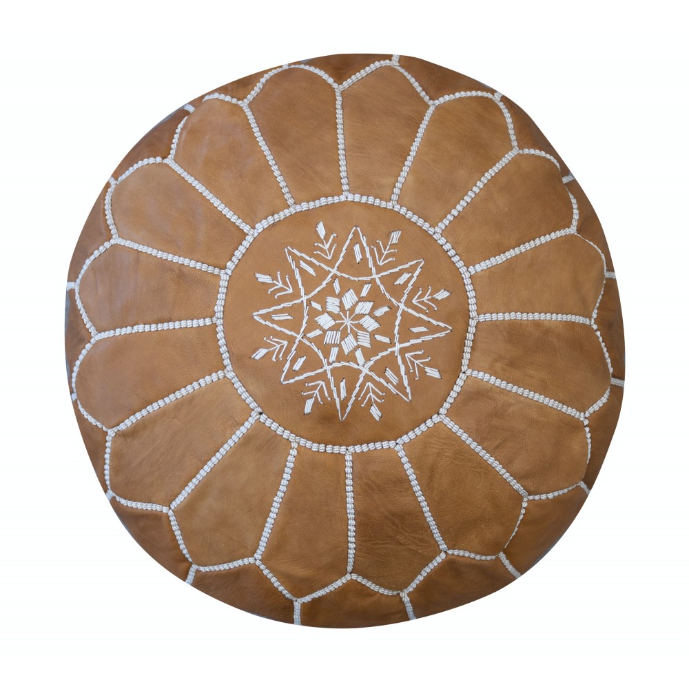 Brown Round Geniune Leather Pouf Cover. UNSTUFFED. Hand-Tooled Footstool. Custom Option Available