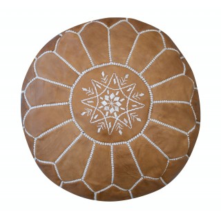 Brown Round Geniune Leather Pouf Cover. UNSTUFFED. Hand-Tooled Footstool. Custom Option Available