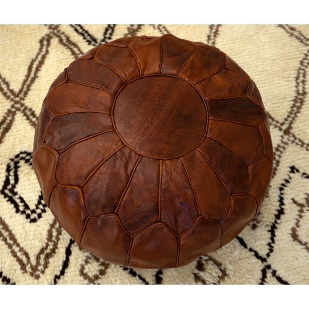 Hand-Tooled Round Geniune Leather Pouf. UNSTUFFED. Brown Footstool. Custom Option Available