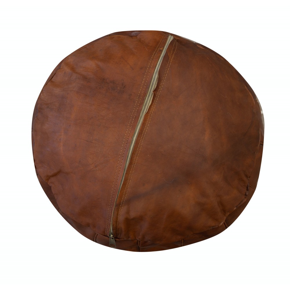 Hand-Tooled Round Geniune Leather Pouf. UNSTUFFED. Brown Footstool. Custom Option Available