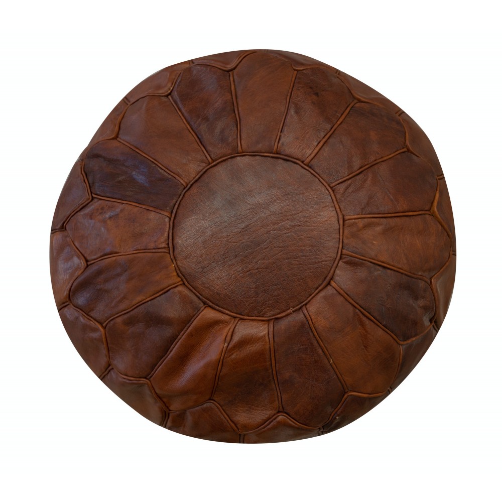 Hand-Tooled Round Geniune Leather Pouf. UNSTUFFED. Brown Footstool. Custom Option Available