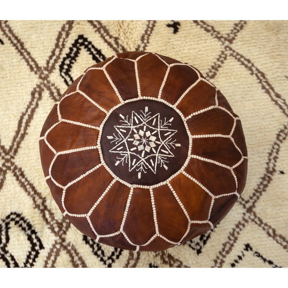 Hand-Tooled Brown Round Geniune Leather Pouf. UNSTUFFED. Custom Option Available
