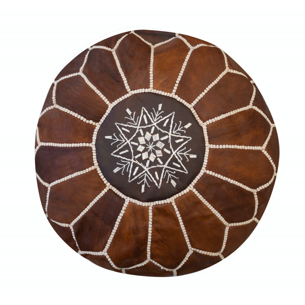Hand-Tooled Brown Round Geniune Leather Pouf. UNSTUFFED. Custom Option Available