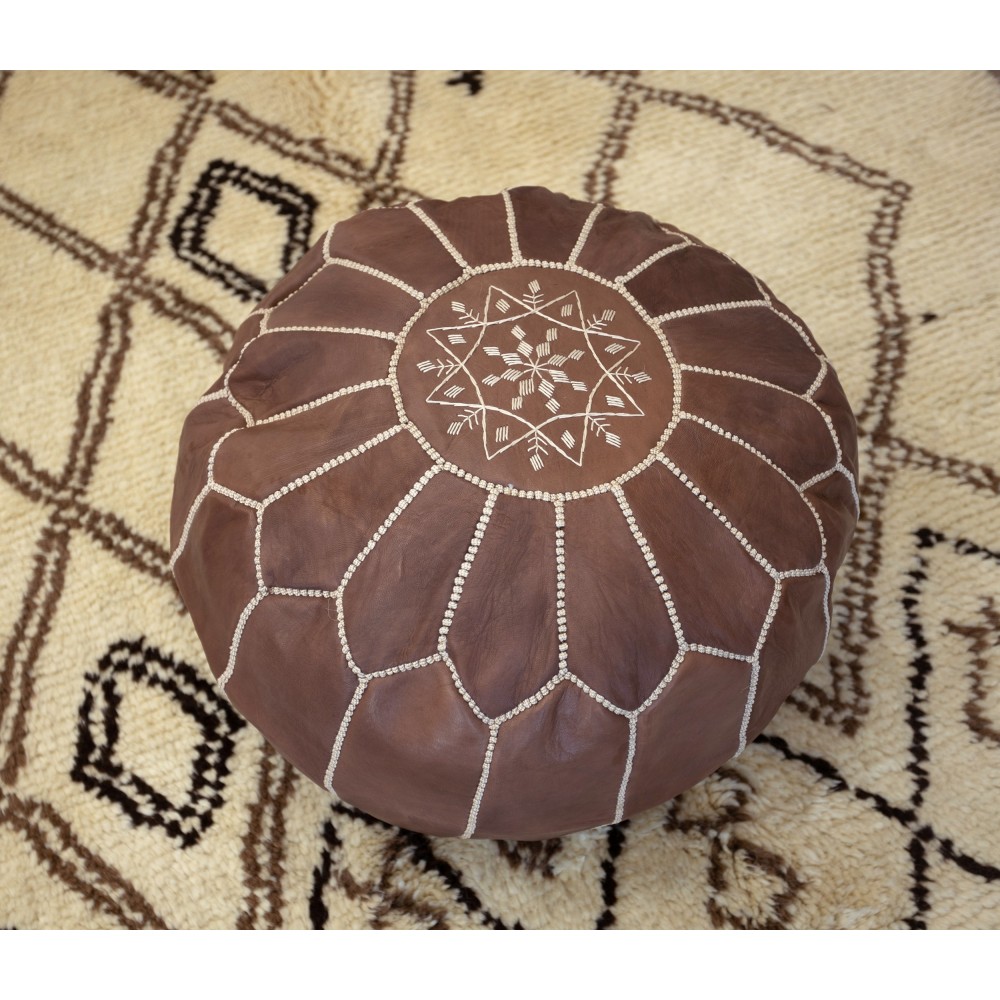 Round Geniune Leather Pouf. UNSTUFFED. Custom Option Available. Brown Hand-Tooled Footstool
