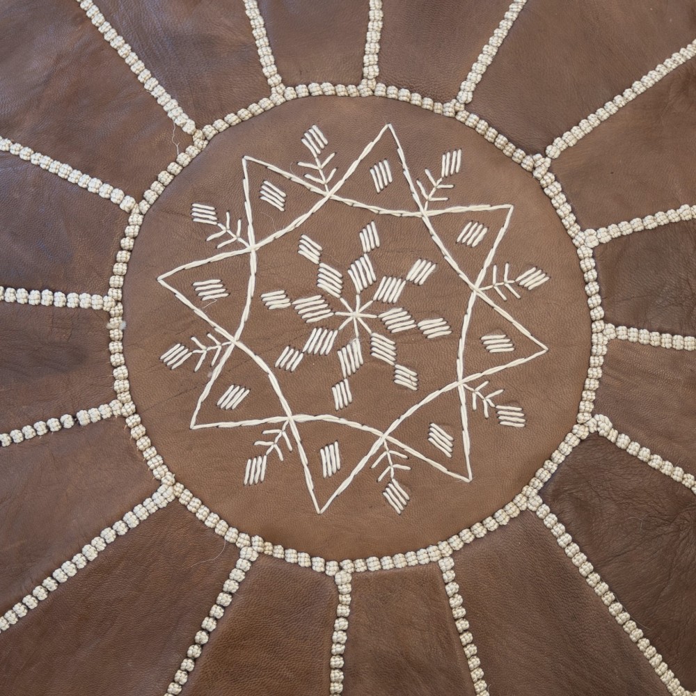 Round Geniune Leather Pouf. UNSTUFFED. Custom Option Available. Brown Hand-Tooled Footstool