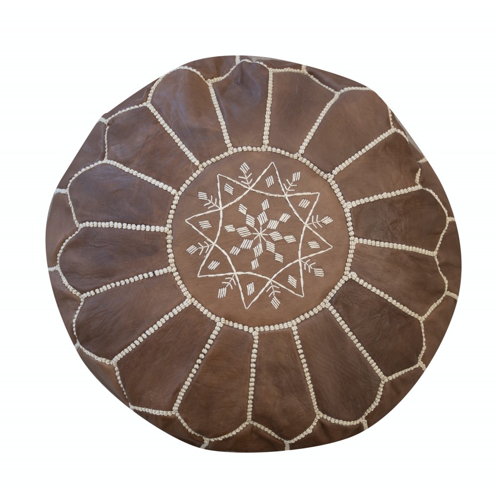 Round Geniune Leather Pouf. UNSTUFFED. Custom Option Available. Brown Hand-Tooled Footstool