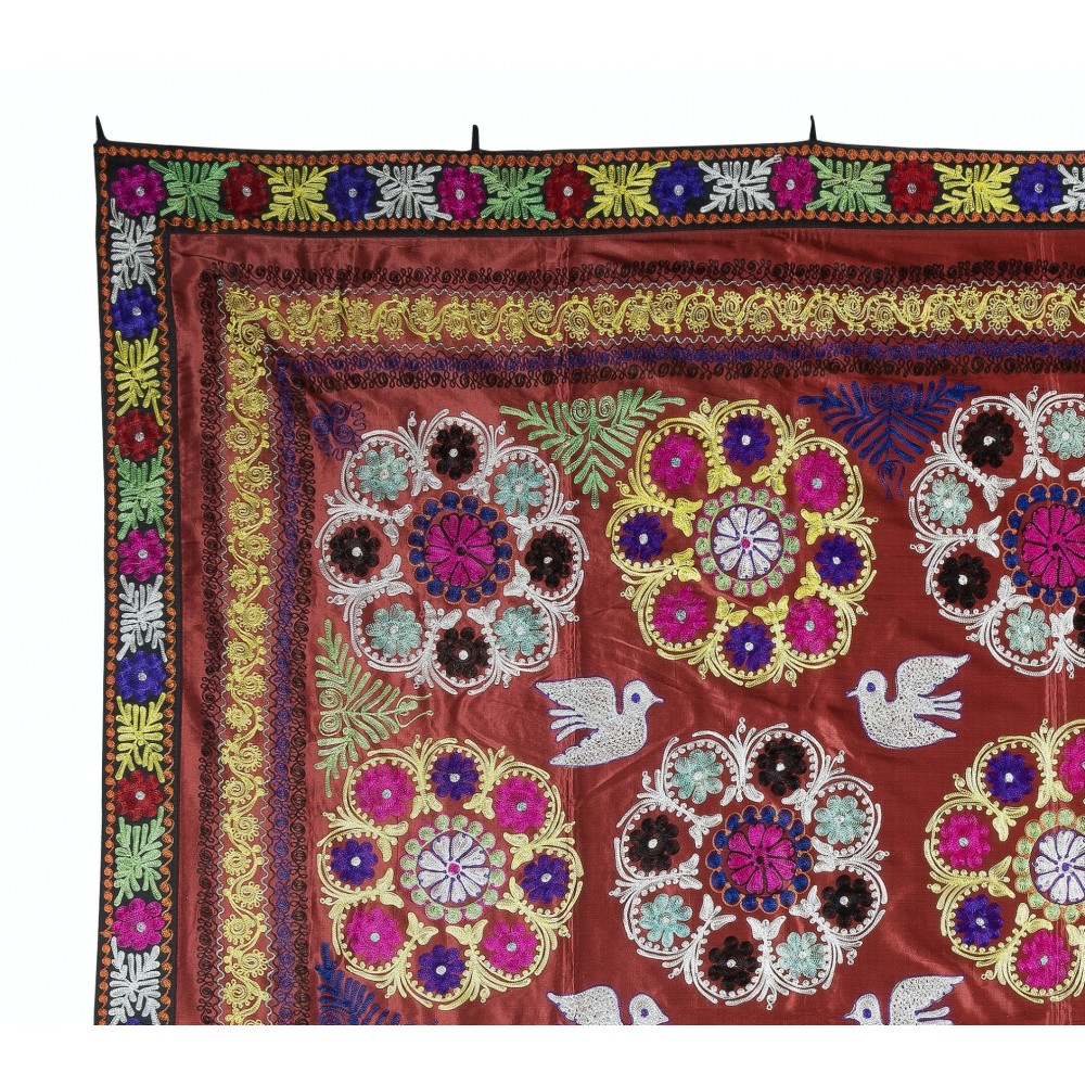 Magnificent Silk Embroidery Wall Hanging. Modern Dark Red Bed Cover. Large Tablecloth