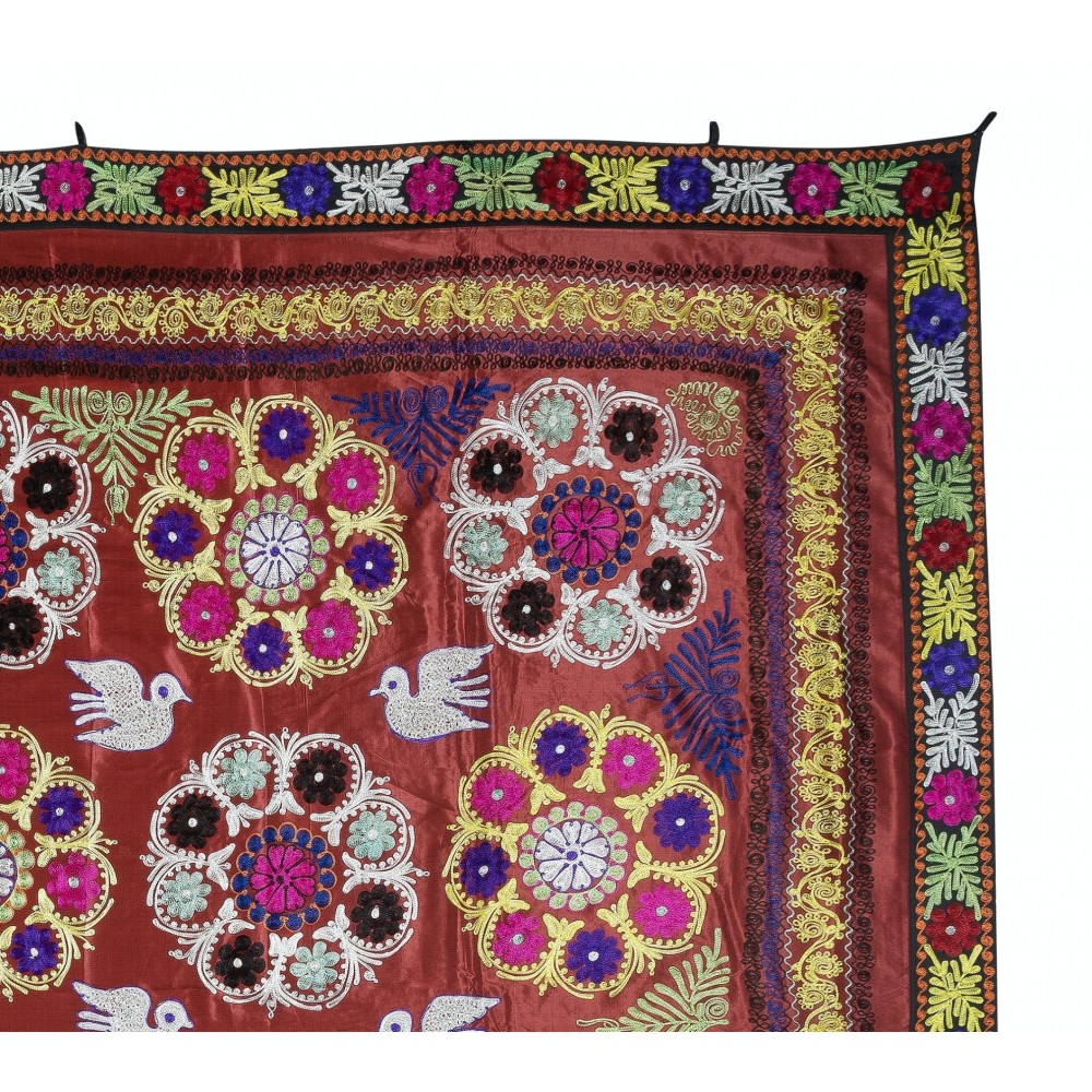 Magnificent Silk Embroidery Wall Hanging. Modern Dark Red Bed Cover. Large Tablecloth