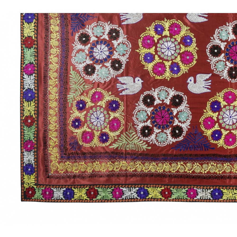 Magnificent Silk Embroidery Wall Hanging. Modern Dark Red Bed Cover. Large Tablecloth