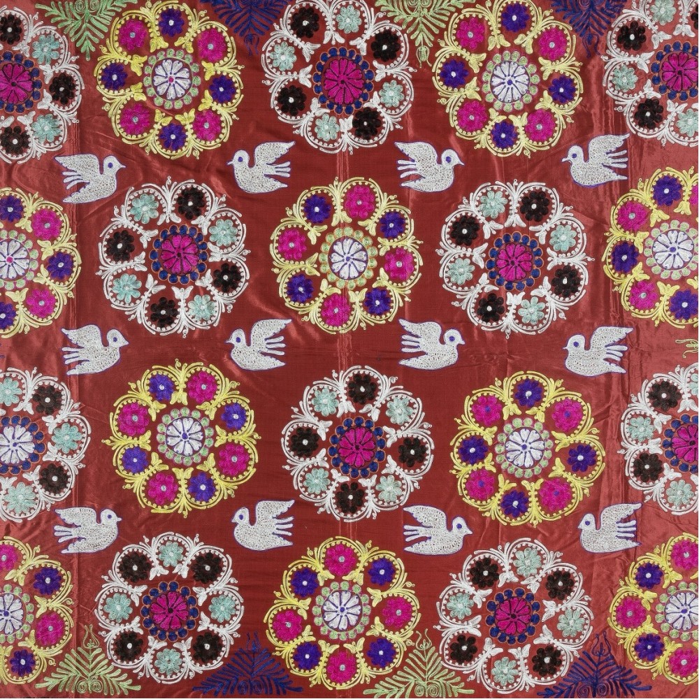 Magnificent Silk Embroidery Wall Hanging. Modern Dark Red Bed Cover. Large Tablecloth