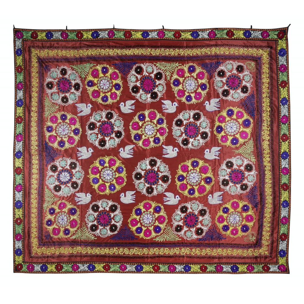 Magnificent Silk Embroidery Wall Hanging. Modern Dark Red Bed Cover. Large Tablecloth