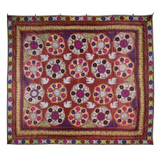 One of a Kind Vintage Silk Embroidery Bed Cover. Red Wall Hanging