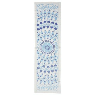 Embroidered Table Runner. Cotton Wall Hanging in Light Blue. Modern Wall Decor