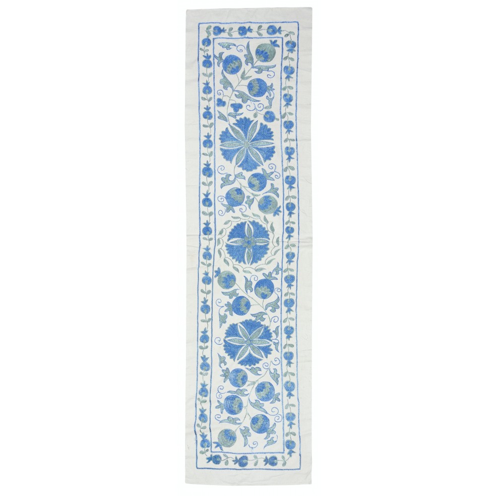 Embroidered Table Runner. Cotton Wall Hanging in Light Blue. Modern Wall Decor