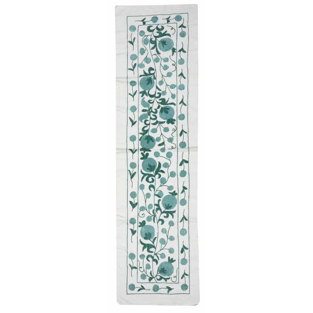 Embroidered Cotton Wall Hanging. Green Table Runner. Modern Wall Decor
