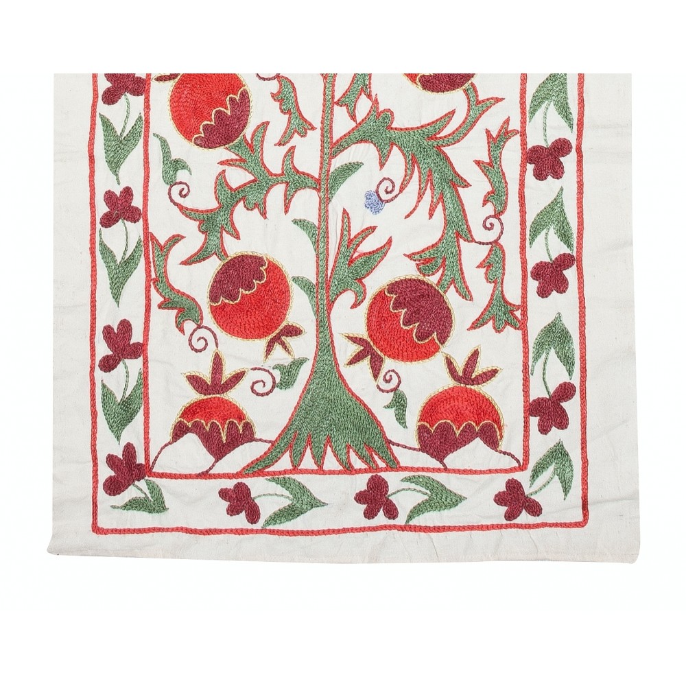 Embroidered Table Runner. Cotton Wall Hanging in Red and Green. Modern Wall Decor