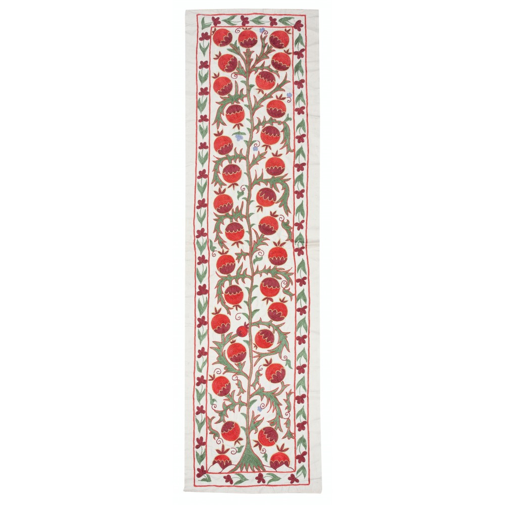 Embroidered Table Runner. Cotton Wall Hanging in Red and Green. Modern Wall Decor