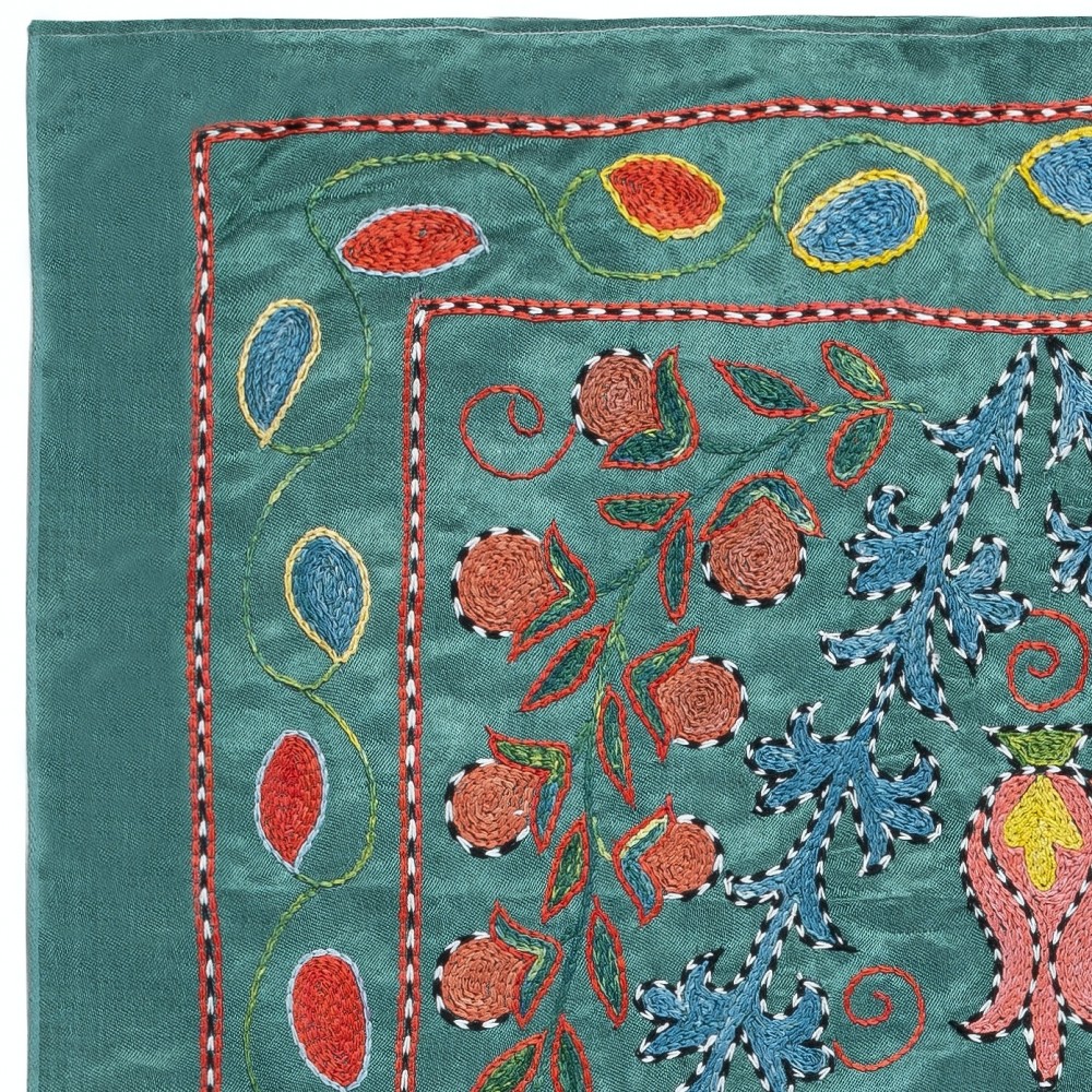 Embroidered 100% Silk Wall Hanging, Modern Tablecloth, Boho Wall Decor, Teal Blue Throw