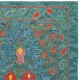 Embroidered 100% Silk Wall Hanging, Modern Tablecloth, Boho Wall Decor, Teal Blue Throw