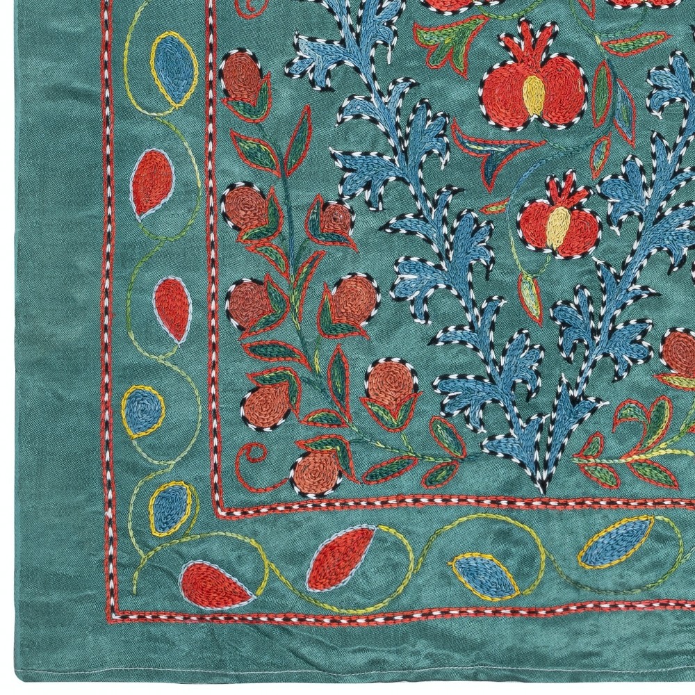 Embroidered 100% Silk Wall Hanging, Modern Tablecloth, Boho Wall Decor, Teal Blue Throw