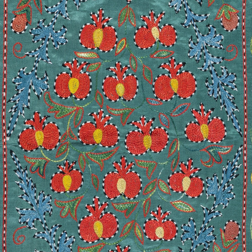 Embroidered 100% Silk Wall Hanging, Modern Tablecloth, Boho Wall Decor, Teal Blue Throw