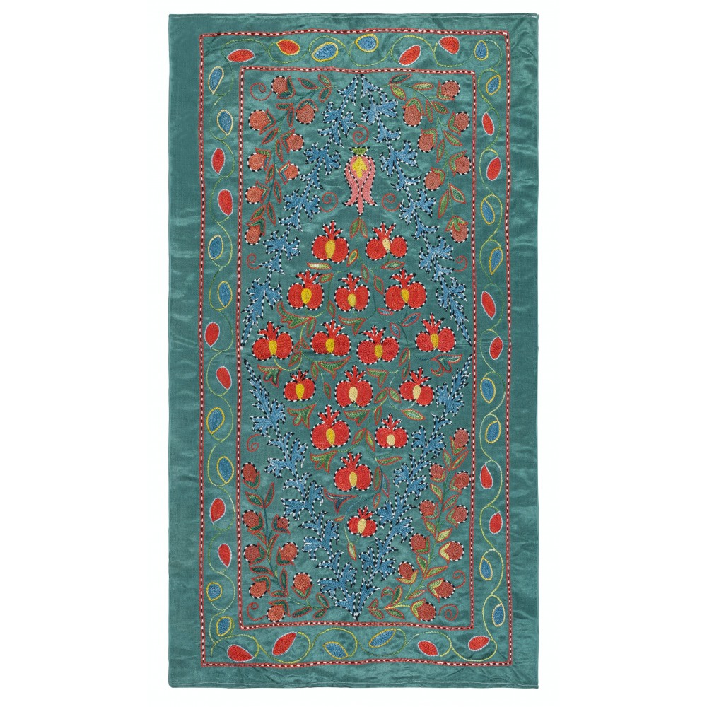 Embroidered 100% Silk Wall Hanging, Modern Tablecloth, Boho Wall Decor, Teal Blue Throw