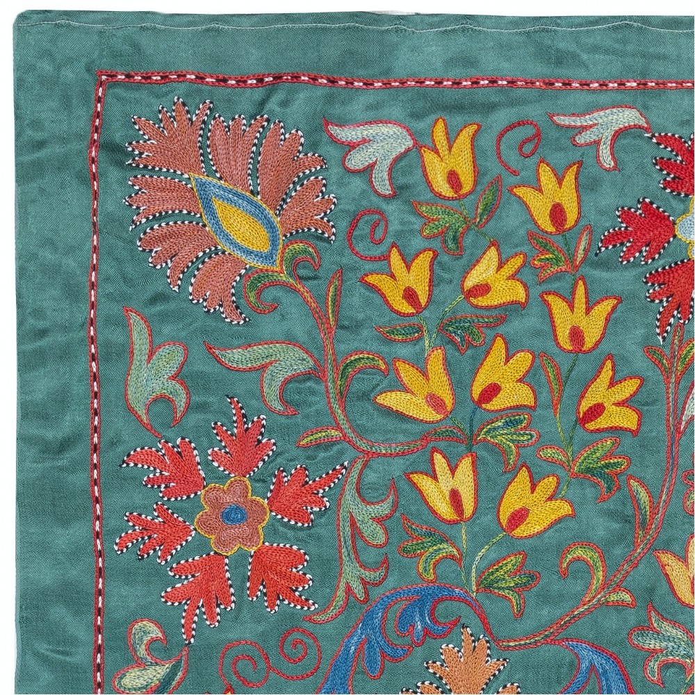 Embroidered 100% Silk Wall Hanging, New Tablecloth, Boho Wall Decor, Teal Blue Throw